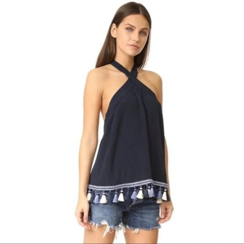 Tularosa Revolve Halter Top Navy Blue Tassels Open XS festival western boho chic